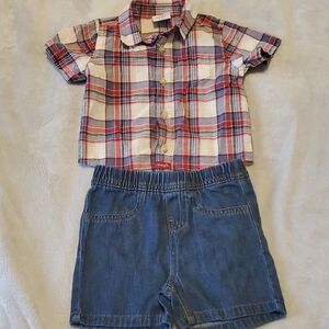 Plaid Kids button Up Shirt with Blue jean Shorts